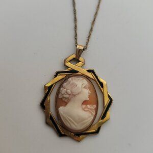 Antique Shell, Gold Filled & Enamel Cameo Necklace
